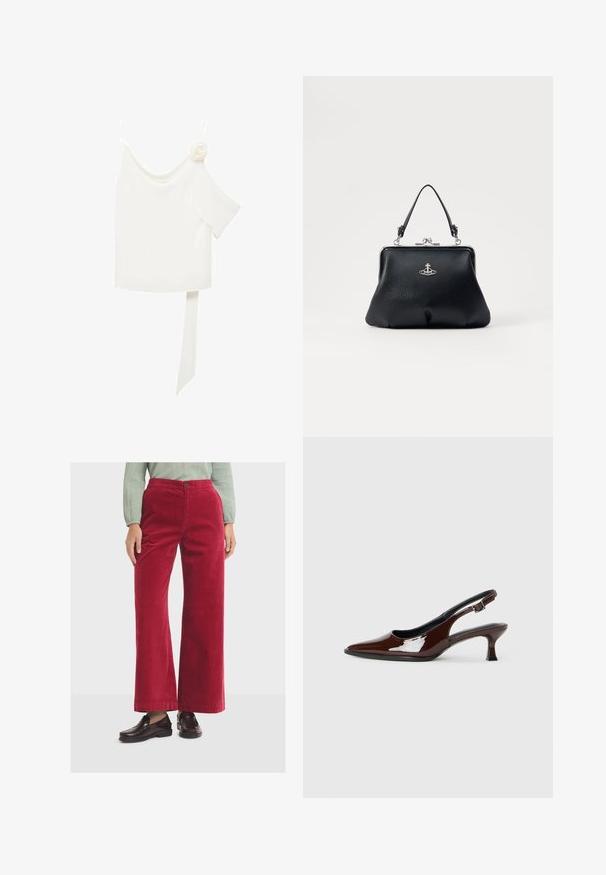 White blouse with a one-shoulder design, featuring a floral accent on one side and a long, tied panel at the waist. Smooth texture.; Red corduroy wide-leg trousers with a smooth texture, featuring a front button closure and a high waist. Paired with dark loafers.; Brown patent leather slingback shoe with a pointed toe and a moderate heel. Features a buckle strap for secure fit. Smooth texture.; Black leather handbag with a textured surface, silver hardware, clasp closure, and a short handle for carrying. Compact and structured design.