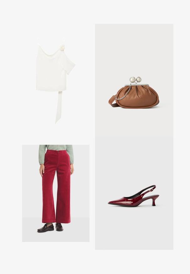 Blouse blanche à une épaule, ornée d'une accent floral d'un côté et d'un long panneau noué à la taille. Texture lisse.; Pantalons en velours côtelé rouge à jambes larges avec une texture lisse, dotés d'une fermeture à bouton sur le devant et d'une taille haute. Associés à des mocassins noirs.; Escarpins à talons aiguilles en cuir verni bordeaux, avec un bout pointu et un élégant talon stiletto. Design à dos ouvert avec une sangle à la cheville réglable.; Pochette en cuir marron avec un fermoir à boule en argent et un petit détail en chaîne argentée sur fond blanc.