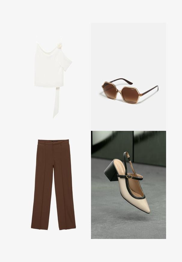 Witte blouse met een een-schouderontwerp, met een bloemaccent aan de ene kant en een lange, gestrikte strook om de taille. Soepele textuur.; Bruine wijde broek van gladde stof, met een platte voorkant, twee voorkruiken en gestikte vouwen voor een gestructureerde uitstraling.; Beige puntige slingback schoen met zwarte rand, gouden gesp en een chunky blokhak op een grijze vloer met een donker groene achtergrond.; Hexagonale zonnebril met bruine gradient lenzen, transparante beige montuur en donkerbruine pootjes. Bevat 'vogue' branding aan de zijkant.