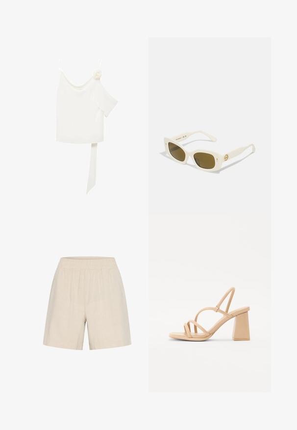Biela blúzka s jedným ramienkom, na jednej strane s kvetinovým akcentom a dlhým, viazaným panelom v páse. Hladká textura.; Béžové ľanové šortky s elastickým pásom, vo voľnom strihu a hladkej textúre, navrhnuté pre pohodlie a priedušnosť.; Nahé sandále na vysokom opätku s štvorcovým blokovým opätkom, tenkými remienkami a hladkým, lesklým povrchom. Jednoduchý dizajn s remienkovým vrškom.; Biele plastové slnečné okuliare s obdĺžnikovým rámom, hnedými šošovkami a zlatým akcentom na spánku. Hladká textura a moderný dizajn.; Krémová kožená taška na rameno v polkruhovom tvare, so tenkým popruhom a subtílnym prešívaním. Minimalistický dizajn s akcentmi z pozlátenej ocele.