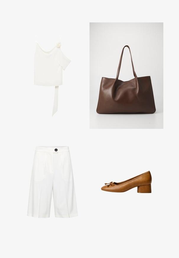 Witte blouse met een een-schouderontwerp, met een bloemaccent aan de ene kant en een lange, gestrikte strook om de taille. Soepele textuur.; b.young BYRIZETTA - Shorts - off white; TAN leren pump met een ronde neus, een kleine blokhak en een decoratieve strikdetail. Gladde textuur en minimalistisch ontwerp.; Bruine leren tote bag met een zachte, slungelige uitstraling. Beschikt over twee lange hengsels en een gladde textuur zonder zichtbare hardware of patronen.