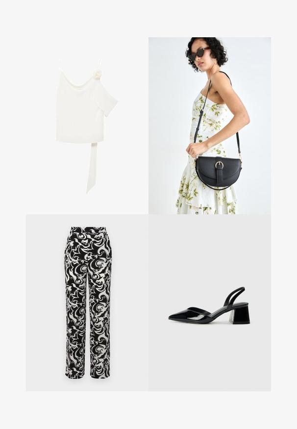 White blouse with a one-shoulder design, featuring a floral accent on one side and a long, tied panel at the waist. Smooth texture.; Black and white patterned trousers with a high waist, featuring a swirling abstract design and a straight leg cut. Smooth fabric texture.; Black patent leather slingback heels with a pointed toe and a geometric block heel. Features a sleek, minimal design and smooth texture.; Black leather handbag with a curved shape, detachable strap, and gold hardware. The bag features a flap with a buckle detail.; Silver hoop earrings with a smooth, round design and a polished finish. They are thin and lightweight, featuring a simple clasp closure.