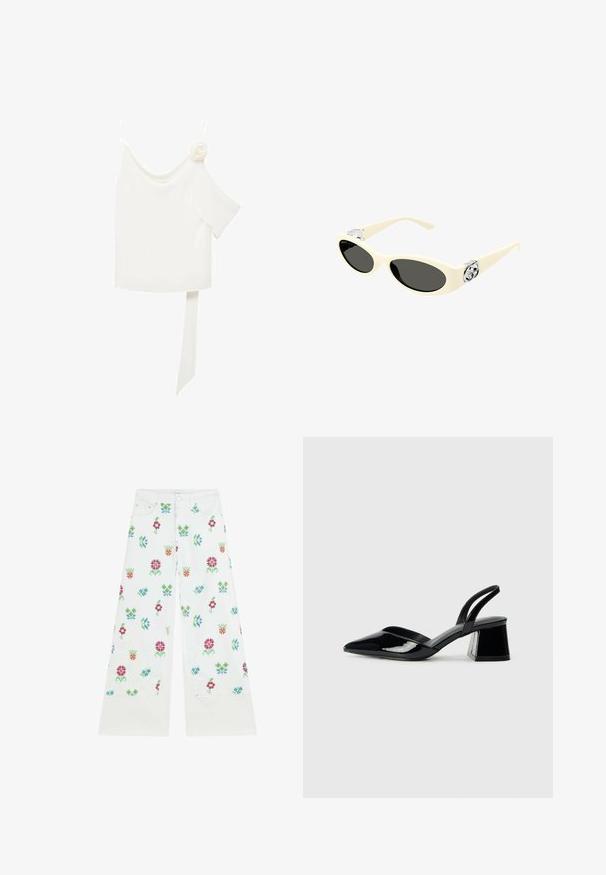 Blouse blanche à une épaule, ornée d'une accent floral d'un côté et d'un long panneau noué à la taille. Texture lisse.; Jeans larges blancs à imprimé floral dans des tons de rose, de vert et de bleu. Dotés d'une conception classique à cinq poches et d'une fermeture à bouton.; Escarpins en cuir verni noir avec bout pointu et talon bloc géométrique. Présente un design élégant et minimaliste ainsi qu'une texture lisse.; Lunettes de soleil couleur crème avec des verres ovales, teinte noire et accents de logo métallique au niveau des tempes. Texture lisse, design œil de chat.; Sac à main en cuir noir avec une texture lisse, forme arrondie, accents en métal doré et doubles poignées. Présente une serrure décorative sur le côté.