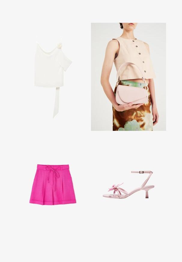 Blouse blanche à une épaule, ornée d'une accent floral d'un côté et d'un long panneau noué à la taille. Texture lisse.; Shorts roses en tissu léger avec une ceinture nouée, dotés de plis et de deux poches latérales. Texture lisse, design décontracté.; Sandales à talons en cuir verni rose avec un accent floral sur l'orteil, dotées d'une bride de cheville ajustable et d'un talon mince et court.; Sac à main en cuir rose avec un rabat arrondi, une bandoulière unique et des lignes épurées. Le sac présente une texture lisse et un design minimaliste.