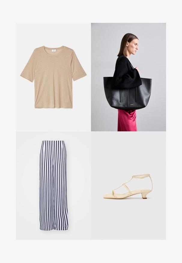Filippa K ELENA TEE - T-shirt con stampa - sandstone; Pantaloni a gamba larga in bianco e navy con strisce verticali. Realizzati in tessuto leggero con una superficie liscia e una vita elastica.; Sandali con tacco color beige, design a T-strap, punta quadrata, cinturino alla caviglia regolabile e tacco basso a blocco. Materiale in pelle liscia.; Borsa tote in pelle nera con finitura texture, dotata di due linee verticali, doppie spalline e un design minimalista.