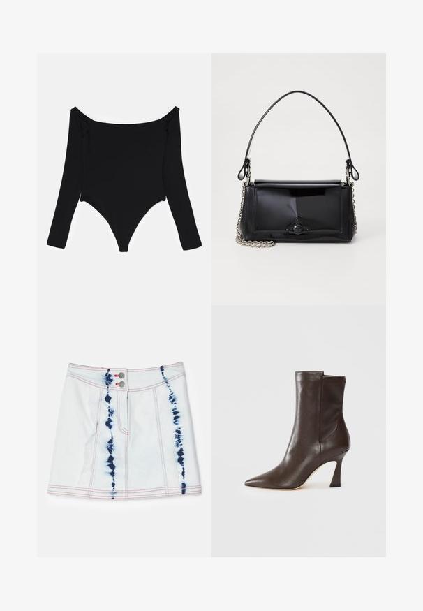 Body preto de manga longa com decote à mostra dos ombros, textura suave e design de perna alta com detalhes de franzido lateral.; Mini saia de ganga em azul claro com padrões tie-dye em azul escuro. Apresenta costuras vermelhas e dois botões frontais. Comprimento curto com um ajuste slim.; Bota de couro castanho escuro até a panturrilha com bico pontudo, salto curvado e fino, e acabamento suave sobre um fundo branco.; Bolsa de mão em verniz preto com formato retangular, alça de corrente e um detalhe de hardware distinto no centro. Textura suave.