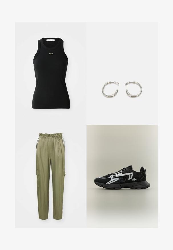 Musta hihaton ribbipaita, jossa on pyöreä kaula-aukko ja pieni vihreä Lacoste-krokotiililogo keskellä kaula-aukkoa.; Oliivinvihreät cargo-housut, joissa on nyörikiinnitys elastisella vyötäröllä, kapenevat lahkeet ja sivutasku. Sileä kangas matalla pinnalla.; Mustat urheilukengät, joissa on verkkopaneeleita, hopeisia yksityiskohtia ja tekstuurisia mustia päällysteitä. Varustettu nauhoilla ja kaarevalla, tukevalla ulkopohjalla.; Hopehope hopeat hopeat hopealimokohvimeyfionekiväyheyväyhyvä tahilapolkeen kivi pevohuo huopehikabohhoippuh vohopohivhivimehillani healykiken. Hohihiykyhka.