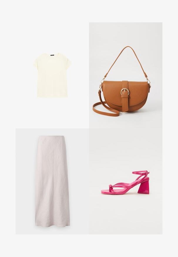 Massimo Dutti SHORT SLEEVE WITH ROUND NECK - T-shirt basique - yellow; Jupe maxi en lin rose pâle au design épuré et droit. Le tissu présente une surface légèrement texturée et une taille élastique.; Sandales à talons en cuir verni rose avec un bout carré, des brides étroites et un talon bloc géométrique. Comprend un détail de boucle sur la bride.; Sac bandoulière en cuir marron avec une forme incurvée, quincaillerie dorée et un accent en boucle. Comprend une bandoulière détachable.