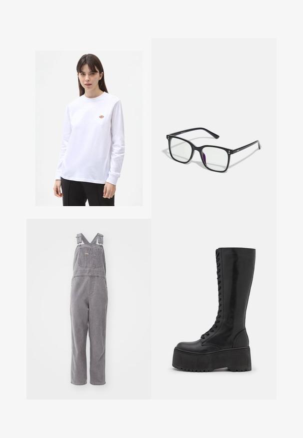 Valkoinen pitkähihaine t-paita, joka on valmistettu puuvillasta. Siinä on pieni värikäs logo rinnassa, pyöreä pääntie ja rento istuvuus.; Harmaat farkkuhaalari, joissa on säädettävät olkaimet, etutasku ja rento leikkaus. Suorat lahkeet ja yksivärinen koko asuste.; Zign LEATHER - Nauhalliset saappaat - black; Mustat suorakulmaiset silmälasit, joissa on kirkkaat linssit, kultaiset yksityiskohdat kehykset ja lievä violetti sävy yhdessä linssissä.; Musta nahkainen olkalaukku, jossa on sileä pinta, kaareva yläosa ja yksi olkahihna. Varustettu vetoketjukiinnityksellä ja minimalistisella muotoilulla.