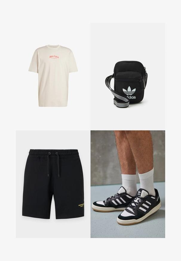 Tricou din bumbac bej cu guler rotund și mâneci scurte, având logo-ul "Adidas Originals" în coral deasupra textului "Produse Sportive Superioare."; Pantaloni scurți negri din bumbac cu talie elastică, detaliu cu șnur și accente de text galben pe partea stângă jos.; Adidași negri și albi cu un superior din suede și piele, prevăzuți cu trei dungi albe, un vârf perforat și o talpă din cauciuc caramel.; Geantă de umăr din material textil negru, cu închidere cu fermoar, având un logo Adidas alb și o curea ajustabilă cu dungi pentru o transportare ușoară.