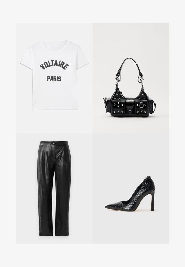 White cotton t-shirt featuring black graphic text reading "VOLTAIRE" arched above "PARIS." Short sleeves and a round neckline.; Black faux leather trousers featuring a textured surface, wide-leg cut, front pleats, and a single button closure at the waistband.; Black pointed-toe high heel shoe with a crocodile-skin texture, featuring a sleek design, high stiletto heel, and smooth black interior.; Black leather handbag with a curved design, featuring silver studs, a buckle, and two side pockets. Adjustable strap for carrying options.