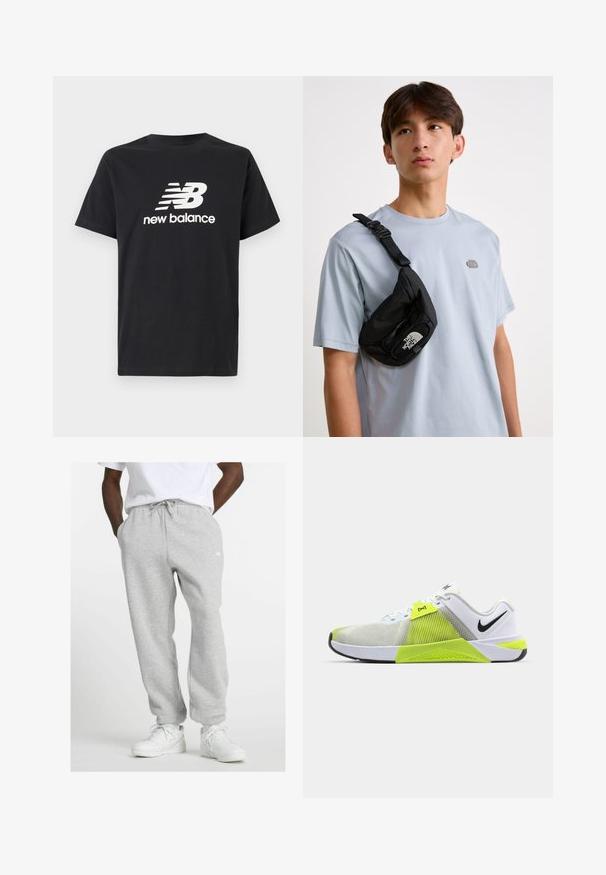 Melnas kokvilnas T-krekls ar balto New Balance logotipu un grafisko dizainu uz priekšpuses. Īsas piedurknes un apaļa kakla izgriezuma forma.; Vīrietis, tērpies gaiši pelēkās sporta biksēs ar auklu un baltām kedām, stāv ar rokām kabatās uz baltā fona.; Baltā sporta apava ar struktūrētu sietu augšdaļu, spilgti dzelteniem akcentiem, mīkstinātu starpzoli un melnu emblēmu sānos.; Melna neilona krūšu soma ar regulējamu siksnu, ar izteiktu baltu logo. Valkāta virs gaiši zila T-kreklu. Vienkāršs, funkcionāls dizains.