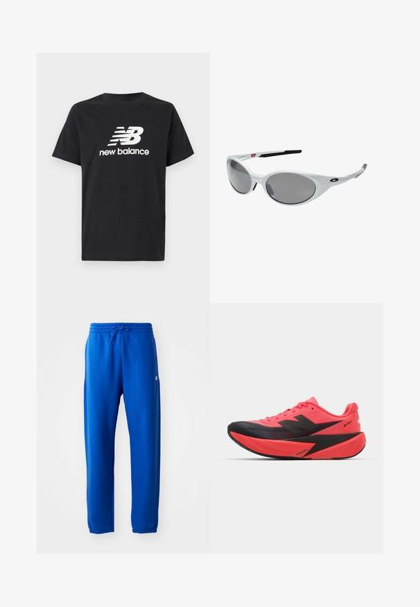 Crni pamučni T-shirt s bijelim New Balance logom i grafičkim dizajnom na prednjoj strani. Kratki rukavi i okrugli izrez.; Plave trenirke izrađene od mekog materijala, s elastičnim pojasom i vezicom, uskim nogavicama i malim logotipom sa strane.; Trkačka cipela s svijetlopinkastim gornjim dijelom i crnim akcentima. Sadrži teksturirani dizajn, lagani potplat i FUELCELL oznaku sa strane.; Bijele plastične naočale za sunce s velikim ovalnim lećama, sivo zatamnjene. Imaju crne uške i mali logotip na okviru. Glatka površina.