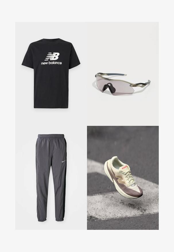 Schwarzes Baumwoll-T-Shirt mit einem weißen New Balance-Logo und Grafikdesign auf der Vorderseite. Kurze Ärmel und Rundhalsausschnitt.; Nike Jogginghose aus leichtem Stoff in Dunkelgrau mit schwarzen Seitenpaneelen. Sie verfügt über einen elastischen Bund und ein reflektierendes Logo.; Leichtgewichtiger Sportschuh mit einem cremefarbenen Obermaterial und braunen Akzenten, ausgestattet mit einer strukturierten Oberfläche, Schnürsenkeln und einem auffälligen Logo an der Seite.; Sonnenbrille mit einem durchscheinenden grauen Rahmen, getönten Gläsern und angularer Form. Verfügt über ein markantes Nasenteil und strukturierte, dunkelgraue Bügel.