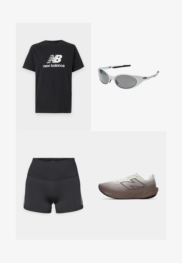 T-shirt in cotone nero con il logo bianco New Balance e un design grafico sul davanti. Maniche corte e collo a giro.; Pantaloncini sportivi neri con vita alta, realizzati in tessuto elasticizzato. Presentano strisce laterali bianche e cuciture flatlock per il massimo comfort.; Scarpa da corsa con tomaia degradè grigia e marrone, suola spessa marrone con la scritta "Fresh Foam" e logo New Balance sul lato.; Occhiali da sole bianchi in plastica con grandi lenti ovali, leggermente grigie. Presentano gommature nere sulle orecchie e un piccolo logo sulla montatura. Finitura liscia.