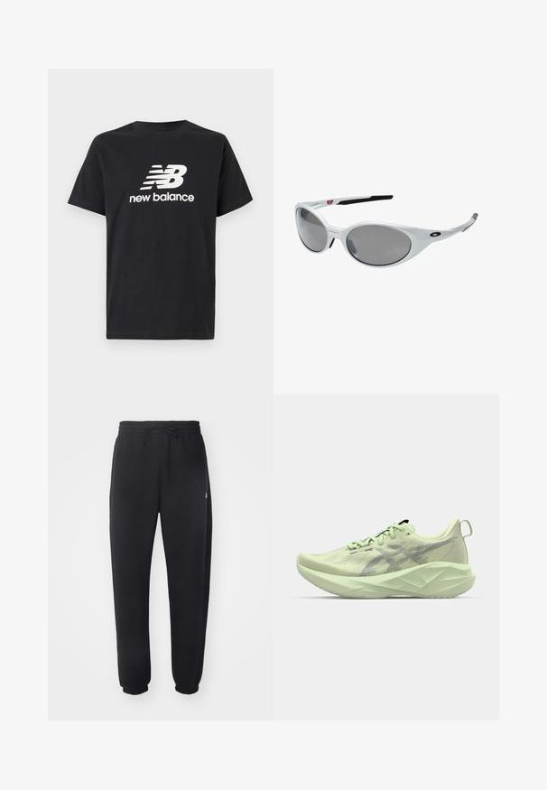 Crni pamučni T-shirt s bijelim New Balance logom i grafičkim dizajnom na prednjoj strani. Kratki rukavi i okrugli izrez.; Crne sweatpants napravljene od mekog materijala s elastičnom trakom u struku, žicom za zatezanje i suženim manžetama, s blagim logotipom sa strane.; Svijetlozeleni atletski tenisice s mrežastim gornjim dijelom, teksturiranim detaljima i debelim, kutnim potplatom za poboljšano ublažavanje i potporu.; Bijele plastične naočale za sunce s velikim ovalnim lećama, sivo zatamnjene. Imaju crne uške i mali logotip na okviru. Glatka površina.