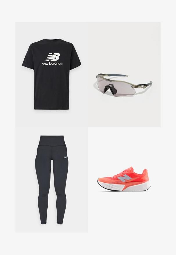 Black cotton T-shirt featuring a white New Balance logo and graphic design on the front. Short sleeves and a crew neck.; Black high-waisted athletic leggings with a fitted design, smooth texture, and a small white logo on the left hip.; Lightweight running shoe in bright coral with mesh upper and silver logo. Distinctive textured white midsole and black rubber outsole.; Sunglasses with a translucent gray frame, tinted lenses, and angular design. Features a distinctive nose piece and textured dark gray temple arms.