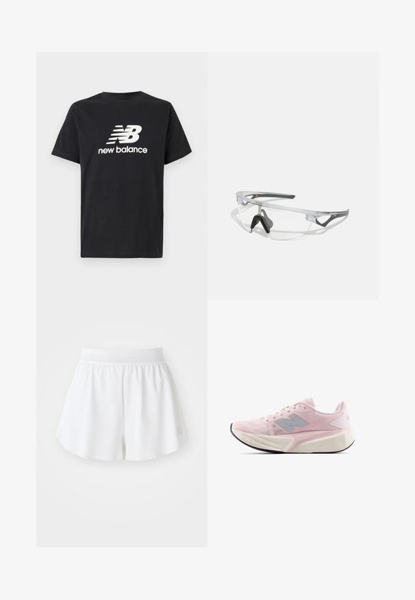 Svart bomulls T-skjorte med hvit New Balance-logo og grafisk design på forsiden. Korte ermer og rund hals.; Hvite atletiske shorts med en glatt tekstur, elastisk midjebånd og flagrende design. Har en liten logo på nedre høyre side.; Lys rosa joggesko med teksturert mesh-overdel, grå detaljer, tykk hvit såle og fleksibel svart yttersåle. Har polstret krage og tunge.; Klare sikkerhetsbriller med en lett, gjennomsiktig ramme og grå detaljer. Har en innpakket design og justerbar nesestykke.