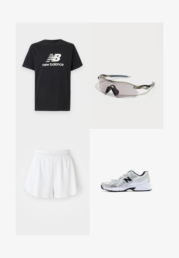 Černé bavlněné tričko s bílým logem a grafickým designem New Balance na přední straně. Krátké rukávy a kulatý výstřih.; Bílé sportovní šortky s hladkým povrchem, elastickým pasem a vykrojeným designem. Obsahují malé logo na dolní pravé straně.; Stříbrná sportovní bota z materiálu se síťovinou, černé akcenty, perforovaný design a polstrovaná bílá podrážka. Má výrazné logo 'N'.; Sluneční brýle s průhledným šedým rámem, tónovanými skly a ostrým designem. Mají charakteristický nosník a texturované tmavě šedé spánkové obruby.