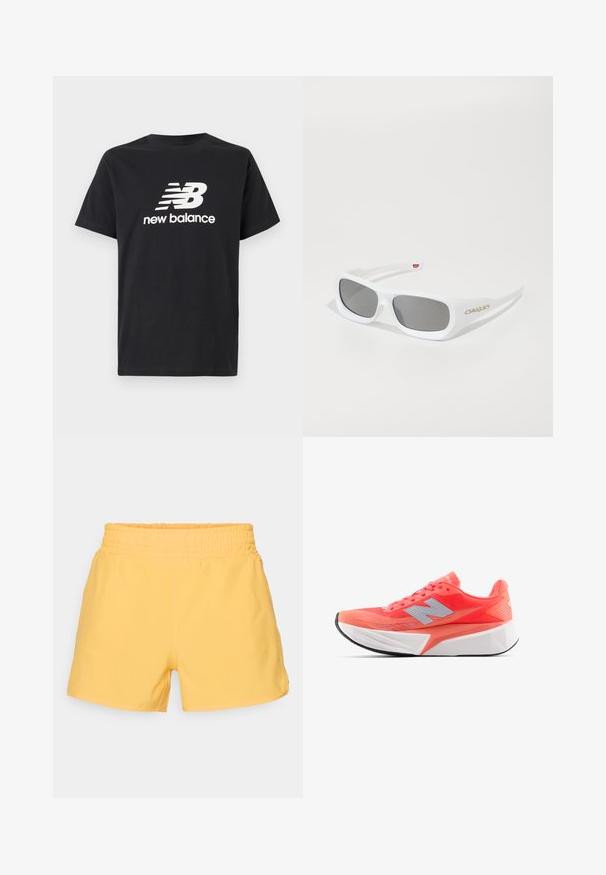 Czarna bawełniana koszulka z krótkim rękawem z białym logo New Balance i wzorem graficznym z przodu. Okrągły dekolt.; Żółte szorty na elastycznej talii o gładkiej fakturze, charakteryzujące się luźnym krojem i minimalistycznym stylem. Brak widocznych kieszeni lub ozdób.; Lekki but biegowy w jaskrawym koralowym kolorze z siateczkową cholewką i srebrnym logo. Charakterystyczna fakturowana biała podeszwa środkowa oraz czarna gumowa podeszwa.; Białe prostokątne okulary przeciwsłoneczne Oakley z ciemnymi soczewkami leżące na białej powierzchni, logo widoczne z boku.