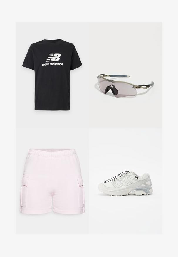 Musta puuvillainen T-paita, jossa on valkoinen New Balance -logo ja graafinen design edessä. Lyhyet hihat ja pyöreä kaula-aukko.; Vaaleanpunaiset puuvillahousut, joissa on joustava vyötärö, kaksi sivutaskua ja sileä pinta. Pituus ylittää polven.; Valkoiset urheilukengät, joissa on teksturoitu verkko-osa, heijastavat yksityiskohdat ja pehmustettu pohja. Varustettu joustavilla nauhoilla ja harmailla yksityiskohdilla.; Aurinkolasit, joissa on läpinäkyvä harmaa kehys, sävyrikkaita linssejä ja kulmikas muotoilu. Ominaisuuksiin kuuluu erityinen nenäosa ja teksturoitu tummanharmaa temppeleiden varsi.