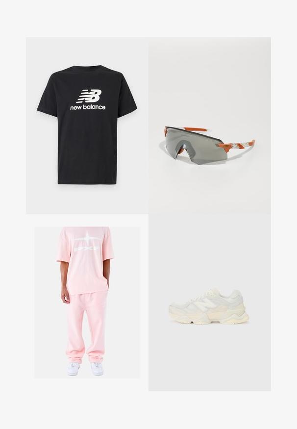 Camiseta de algodón negra con un logo blanco de New Balance y un diseño gráfico en la parte frontal. Mangas cortas y cuello redondo.; Project X Paris JOGGING POLARIS - Pantalones deportivos - rose; Zapatilla ligera con parte superior de malla y ante en suaves tonos crema, con una suela gruesa y acentos tridimensionales.; Gafas de sol deportivas con lentes grises, detalles en naranja y brazos blancos con patrón. Diseñadas para un rendimiento óptimo con una forma envolvente.