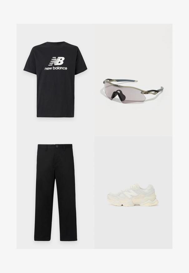 Juodas medvilnės marškinėliai su baltu New Balance logotipu ir grafiniu dizainu priekyje. Trumpi rankoviai ir apvalus kaklas.; Juodai medvilniniai kelnes su tiesiu kirpimu, turinčios standartinę juosmenį, dirželio kilpas ir vieną mygtuko užsegimą. Lygi tekstūra, be raštų.; Lengvas sportinis batelis su tinklinio ir zomšinės viršutine dalimi švelniu kremo atspalviu, turi masyvų pado dizainą ir trimatį akcentą.; Akiniai nuo saulės su permatomu pilku rėmu, tonuotais lęšiais ir kampuotu dizainu. Savybės - išskirtinė nosies dalis ir tekstūruoti tamsiai pilki šventyklų galai.