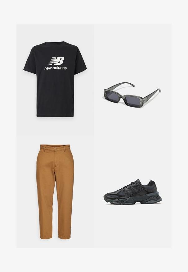 Fekete pamut póló, fehér New Balance logóval és grafikai dizájnnal az elején. Rövid ujjú és kerek nyakú.; Barna, egyenes lábú nadrág sima textúrával, gombos záródással és övbujtókkal. Klasszikus dizájn, látható minták nélkül.; Fekete futócipő, mely háló és szintetikus anyagok keverékéből készült, vastag talppal, ívelt kialakítással és hangsúlyos logóval az oldalon.; Négyzet alakú napszemüveg áttetsző sötétszürke kerettel, sötét lencsékkel és vékony szárakkal. Figyelemre méltó logó részlet a kereten.