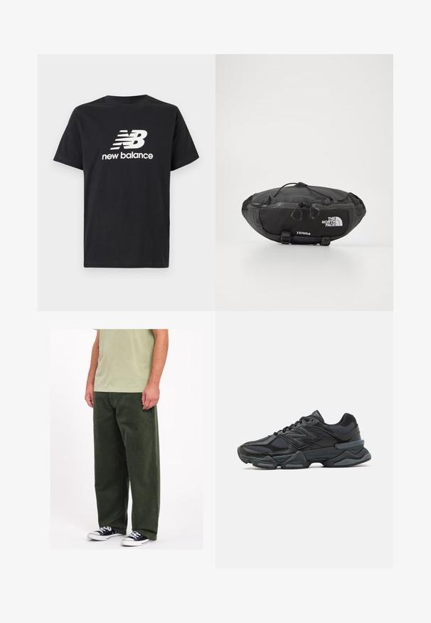 T-shirt in cotone nero con il logo bianco New Balance e un design grafico sul davanti. Maniche corte e collo a giro.; Pantaloni ampia in velluto a coste verde con una texture morbida. Indossati con una camicia verde chiaro e sneaker bianco e nero. Design semplice e pratico.; Scarpa da corsa nera con una combinazione di materiali in rete e sintetici, suola spessa, design curvo e marchio ben visibile sul lato.; The North Face TERRA LUMBAR 3L UNISEX - Marsupio - asphalt grey/black