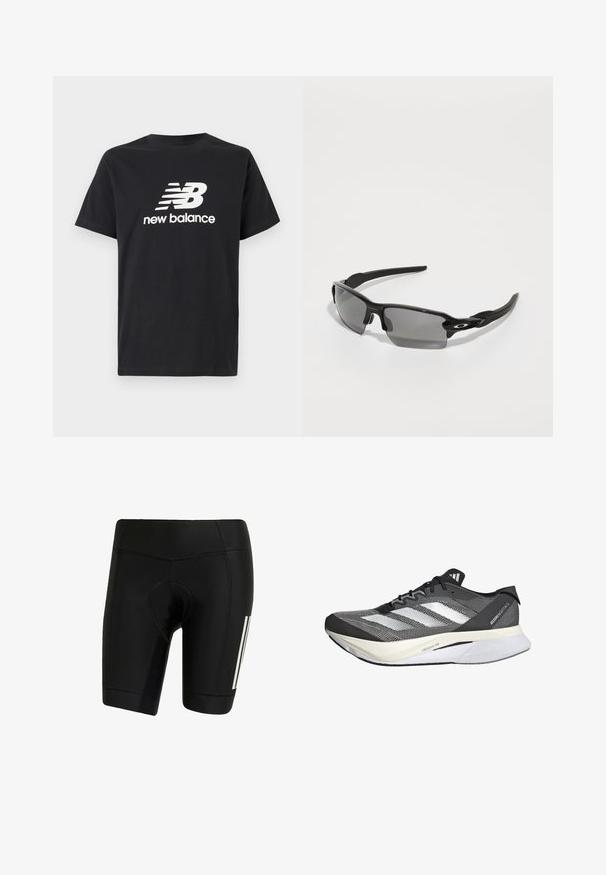 Sort bomulds-T-shirt med et hvidt New Balance-logo og grafisk design på forsiden. Korte ærmer og rund hals.; Sorte cykelshorts lavet af strækbart stof. Har en polstret sæde, flade sømme og hvide lodrette striber på venstre side.; Sort og hvid atletisk sko med en mesh-overdel, har tre hvide striber, en fremtrædende sål mærket "LIGHTSTRIKE PRO" og et strømlinet design.; Sorte sports solbriller med grå linser, en buet rammedesign og logodetalje på siden. Fremstillet af letvægts plastmateriale.
