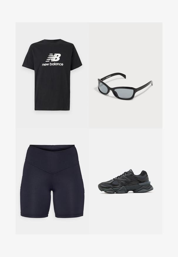 T-shirt de algodão preta com um logótipo branco da New Balance e design gráfico na frente. Mangas curtas e decote redondo.; Calças de alfaiataria altas de cor azul escuro, feitas de tecido elástico. Apresentam uma textura suave, um design ajustado e bolsos laterais para maior funcionalidade.; Sapato de corrida preto com uma combinação de malha e materiais sintéticos, sola robusta, design curvado e uma marca de destaque na lateral.; Óculos de sol pretos com um design elegante e angular. Apresenta lentes cinzas e armações de plástico brilhantes. Inclui pequenos detalhes em metal e marcação no braço.