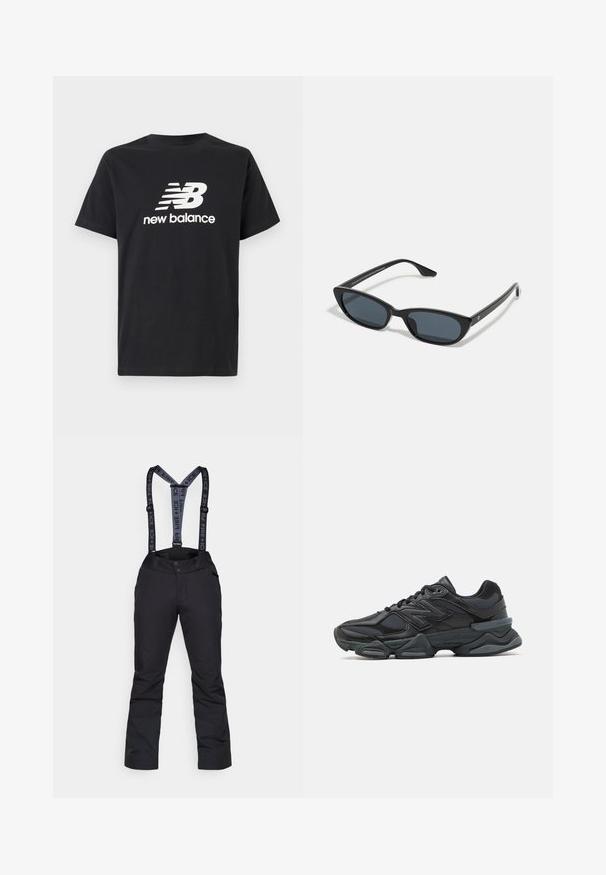 Melnas kokvilnas T-krekls ar balto New Balance logotipu un grafisko dizainu uz priekšpuses. Īsas piedurknes un apaļa kakla izgriezuma forma.; Melni sniega bikses ar regulējamiem pelēkiem piekabēm, ar gludu tekstūru, ar rāvējslēdzēju kabatām un pastiprinātām daļām apakšējās kājās.; Melna skriešanas apavi ar jauktu acu audumu un sintētiskiem materiāliem, masīvu zoli, izliekta dizaina elementiem un izteiktu zīmola logotipu uz sāniem.; Melna kaķa acs stila saulesbrilles ar tumšiem stikliem, plastmasas rāmis, šauras kājas un nemanāma zīmēšana iekšējā rokā. Matēta apdare.