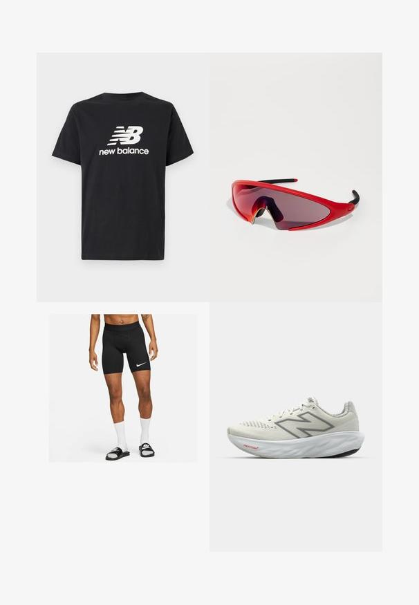 Schwarzes Baumwoll-T-Shirt mit einem weißen New Balance-Logo und Grafikdesign auf der Vorderseite. Kurze Ärmel und Rundhalsausschnitt.; Schwarze Sportshorts mit enger Passform, versehen mit einem weißen Nike-Swoosh-Logo auf dem linken Oberschenkel und einem glatten, elastischen Bund.; Laufschuh in Weiß mit grauen Akzenten. Obermaterial aus Mesh, strukturierte Sohle und auffälliges "N"-Logo. Verfügt über einen gepolsterten Kragen und ein "Fresh Foam"-Label.; Rote Sportsonnenbrille mit einem wraparound Design, dunklen Verlaufslinsen und schwarzen Akzenten an den Bügeln. Leicht und aerodynamisch geformt.