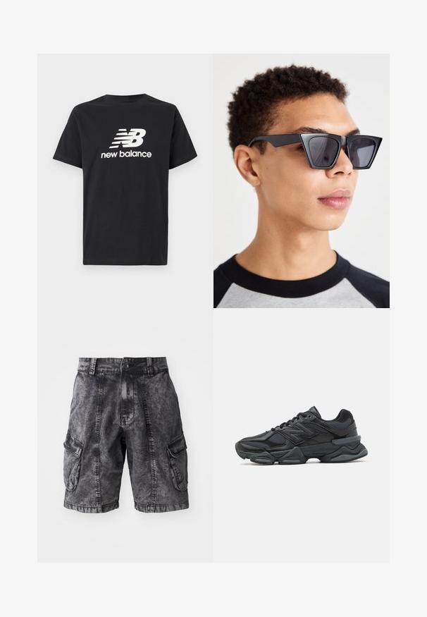 Črna bombažna majica s kratkimi rokavi, ki na sprednji strani prikazuje belo ikono New Balance in grafični dizajn. Ima okroglo izrezo.; Črne denimske cargo kratke hlače z zbledelim učinkom, dvema stranskima žepoma in gumbom za zapiranje. Dolžina do kolen s ojačanim šivanjem.; Črne tekaške superge, ki združujejo mrežaste in sintetične materiale, imajo debel podplat, ukrivljen oblikovni slog ter izrazito blagovno znamko na strani.; Črne angularne sončna očala s temnimi lečami, ki se ponašajo z drznim geometrijskim dizajnom in mat površino. Nosijo jih oseba s kratkimi lasmi.