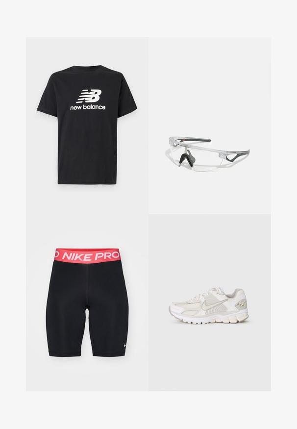 Zwarte katoenen T-shirt met een wit New Balance-logo en grafisch ontwerp op de voorkant. Korte mouwen en een ronde hals.; Zwarte sportshorts met een rood en witte elastische tailleband van "NIKE PRO", een gladde textuur en een slim fit ontwerp, met een klein logo op het onderbeen.; Witte sportieve schoen van mesh en synthetische materialen. Kenmerkt zich door een gestructureerd ontwerp, een gewatteerde kraag en geometrische accenten op de hiel.; Duidelijke veiligheidsbril met een lichtgewicht, transparant montuur en grijze accenten. Bevat een rond lopend ontwerp en een verstelbare neuspiece.