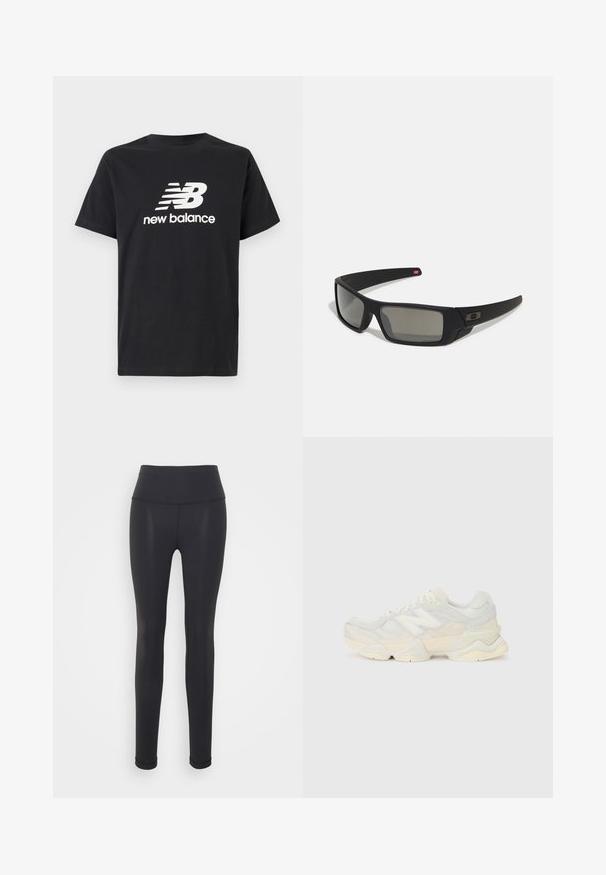Sort bomulds-T-shirt med et hvidt New Balance-logo og grafisk design på forsiden. Korte ærmer og rund hals.; Sorte leggings lavet af strækbart stof, med en høj talje, tætsiddende design og sømløs konstruktion, velegnet til aktiv brug.; Letvægtssneakers med en overdel i mesh og ruskind i bløde cremetoner, med en kraftig sål og tredimensionelle accenter.; Sorte solbriller med mat finish, rektangulære linser, let kurve ved templerne, diskret logo detaljer og røgfarvede linser.