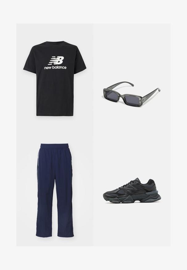 Μαύρο βαμβακερό T-shirt με λευκό λογότυπο της New Balance και γραφικό σχέδιο μπροστά. Κοντά μανίκια και στρογγυλή λαιμόκοψη.; Ναυτικό μπλε ελαφρές παντελόνες με ελαστική ζώνη, άνετη εφαρμογή, πλαϊνές τσέπες και αντίθετες λευκές ρίγες στα πλάγια.; Μαύρο αθλητικό παπούτσι με συνδυασμό πλέγματος και συνθετικών υλικών, χοντρή σόλα, καμπυλωτό σχέδιο και έντονη επωνυμία στο πλάι.; Ορθογώνια γυαλιά ηλίου με ημιδιάφανο σκούρο γκρι σκελετό, σκούρους φακούς και λεπτούς βραχίονες. Σημαντική λεπτομέρεια του λογότυπου στον σκελετό.