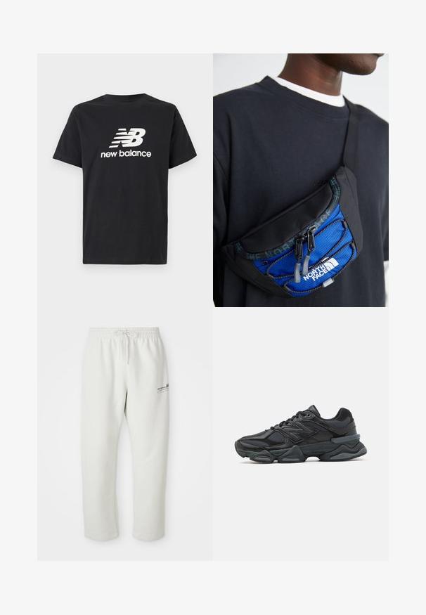 Zwarte katoenen T-shirt met een wit New Balance-logo en grafisch ontwerp op de voorkant. Korte mouwen en een ronde hals.; Lichtgrijze sweatpants van zachte stof, met een elastische tailleband met koord en een klein logo op de linkerdij.; Zwarte hardloopschoen met een mix van mesh en synthetische materialen, een stevige zool, gebogen ontwerp en prominente branding op de zijkant.; Zwarte stoffen crossbodytas met blauwe gaaszijde, dubbele ritsvakken en verstelbare schouderriem. Voorzien van het "The North Face" logo aan de voorkant.
