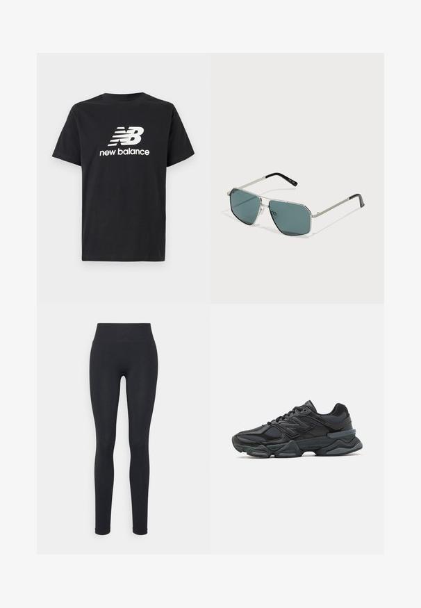 Mustvalge t-särk, millel on ees valge New Balance'i logo ja graafiline disain. Lühikesed varrukad ja ümar kaelus.; Mustad püksid kõrge vöökohaga, sujuva tekstuuriga ja keha järgiva disainiga. Ilma nähtavate mustrite või riistvara detailideta.; Mustad mustus jooksukeng, mis sisaldab segu võrgust ja sünteetilisest materjalist, jäme talla, kaarduv disain ja silmapaistev bränding külgedel.; Metallist raami päikeseprillid kuusnurksete objektiividega, tumeroheline toon, hõbedasedDetailid ja mustad kätked. Raami tekstureeritud detailid.