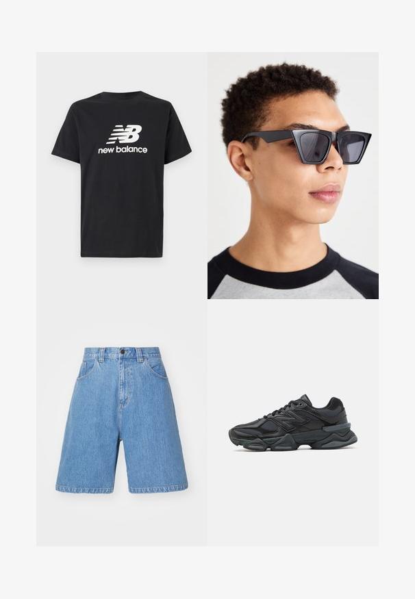 Černé bavlněné tričko s bílým logem a grafickým designem New Balance na přední straně. Krátké rukávy a kulatý výstřih.; Světle modré denimové kraťasy s volným střihem, vysokým pasem, pětivreckovým designem a jemným vyblednutím. Obsahují zapínání na knoflík a poutka na opasek.; Černá běžecká bota s kombinací síťoviny a syntetických materiálů, masivní podešev, zakřivený design a výrazné logo na boku.; Černé úhlové sluneční brýle s tmavými skly, které mají výrazný geometrický design a matný povrch. Nosí je osoba s krátkými vlasy.