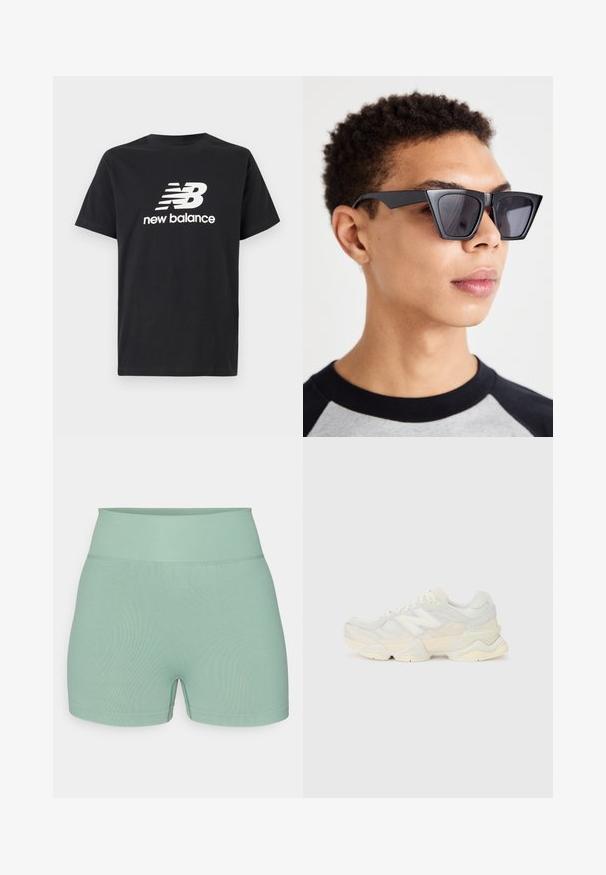 Black cotton T-shirt featuring a white New Balance logo and graphic design on the front. Short sleeves and a crew neck.; Mint green, ribbed fabric shorts with a high waistband and a fitted shape. Features a smooth texture and minimalist design.; Lightweight sneaker featuring a mesh and suede upper in soft cream tones, with a chunky sole and three-dimensional accents.; Black angular sunglasses with dark lenses, featuring a bold geometric design and a matte finish. Worn by a person with short hair.