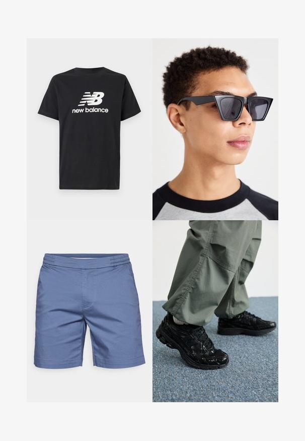 Juodas medvilnės marškinėliai su baltu New Balance logotipu ir grafiniu dizainu priekyje. Trumpi rankoviai ir apvalus kaklas.; Mėlyni šortai, pagaminti iš lygaus audinio, su elastingu juosmeniu ir tiesiu kirpimu. Nėra matomų raštų ar akcentų.; Juodi sportiniai bateliai su blizgiu ir tinkliniu tekstūromis, turintys storą pado ir raištus, derinami su laisvomis alyvuogių spalvos kargo kelnėmis.; Juodos kampinės saulės akinių su tamsiais objektyvais, pasižyminčių drąsiu geometriniu dizainu ir matinio paviršiaus apdaila. Juos nešioja žmogus su trumpais plaukais.