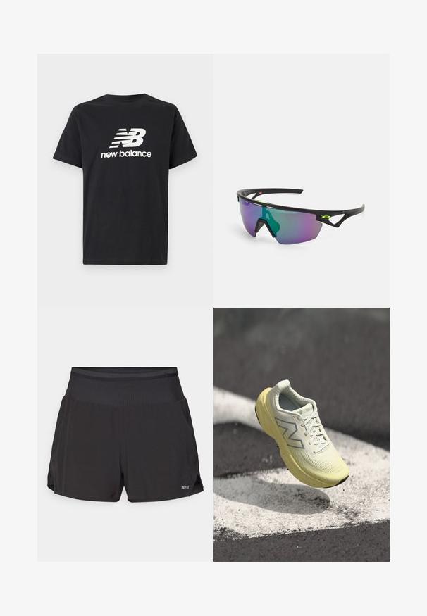 T-shirt de algodão preta com um logótipo branco da New Balance e design gráfico na frente. Mangas curtas e decote redondo.; Calções de desporto pretos com uma cintura plana, de comprimento curto e bolsos laterais. O tecido parece respirável com uma textura suave.; Sapatilha de corrida amarelo claro com um superior texturizado, atacadores e uma sola acolchoada. Apresenta um logotipo prateado na lateral e um design elegante.; Óculos de sol desportivos com uma armação preta, lentes grandes em degrade com tons de roxo e verde, e detalhes em design angular com logótipo.
