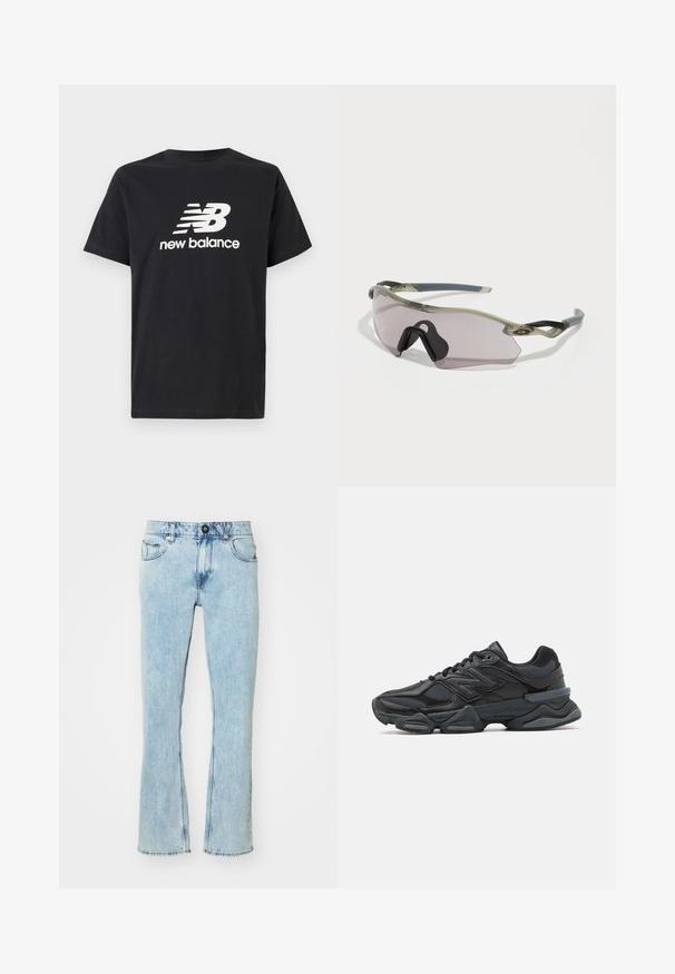 Sort bomulds-T-shirt med et hvidt New Balance-logo og grafisk design på forsiden. Korte ærmer og rund hals.; Lys blå, højtaljede jeans lavet af denim, med lige ben, fem lommer og en frontlukning med knap. Der er slidte detaljer.; Sorte løbesko med en blanding af mesh og syntetiske materialer, kraftig sål, buet design og fremtrædende branding på siden.; Solbriller med en gennemskinnelig grå stel, tonede linser og kantet design. Har en karakteristisk næsestykke og strukturerede mørkegrå tempelarme.
