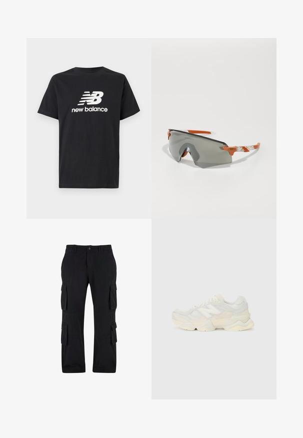 Czarna bawełniana koszulka z krótkim rękawem z białym logo New Balance i wzorem graficznym z przodu. Okrągły dekolt.; Czarne spodnie cargo wykonane z bawełnianej tkaniny, z wieloma bocznymi kieszeniami, luźnym krojem i prostymi nogawkami.; Lekki sneakers z siateczkową i zamszową cholewką w delikatnych kremowych odcieniach, z masywną podeszwą i trójwymiarowymi akcentami.; Okulary sportowe z szarymi soczewkami, pomarańczowymi akcentami i wzorzystymi białymi ramionami. Zaprojektowane z myślą o wydajności, o opływowym kształcie.