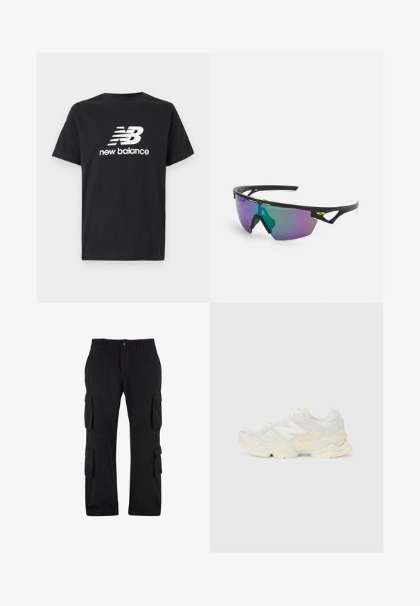 Mustvalge t-särk, millel on ees valge New Balance'i logo ja graafiline disain. Lühikesed varrukad ja ümar kaelus.; Mustadest puuvillast valmistatud cargo-pükstest, mis on varustatud mitmete küljetaskutega, lõdva istuvuse ja sirge säärega disainiga.; Kerge tenniseking, mille pealis on valmistatud võrgust ja seemisnahast pehmes kreemitoonis, koos paksu tallaga ja kolmemõõtmeliste aktsentidega.; Spordiprillid musta raami, suur gradient objektiiv, mis sisaldab lillat ja rohelist tooni, ning nurkadega disainielemendid logode detailidega.