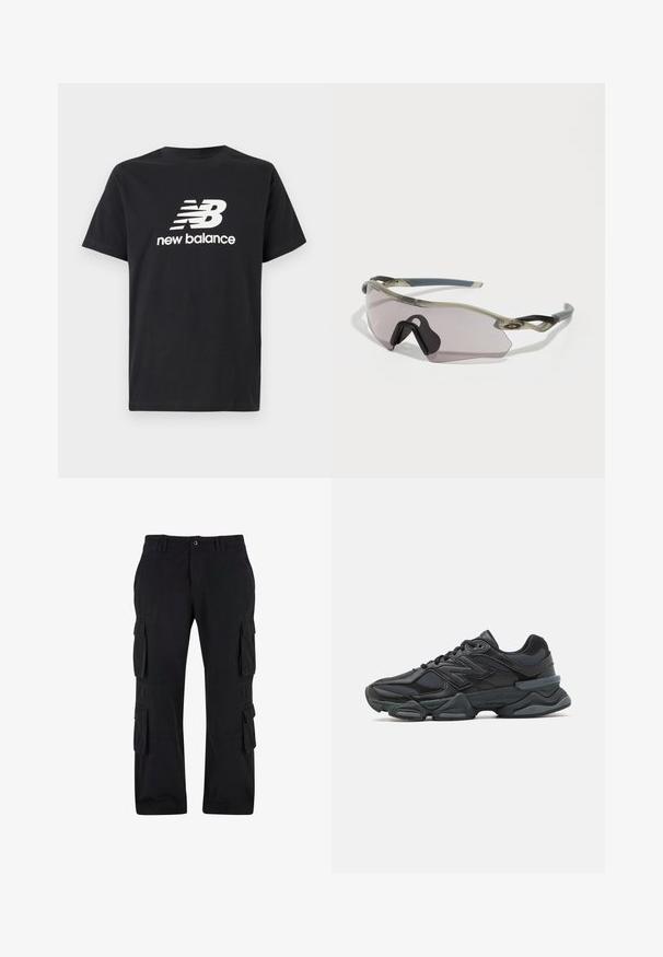 Schwarzes Baumwoll-T-Shirt mit einem weißen New Balance-Logo und Grafikdesign auf der Vorderseite. Kurze Ärmel und Rundhalsausschnitt.; Schwarze Cargo-Hosen aus Baumwollstoff mit mehreren Seitentaschen, einer lockeren Passform und einem geraden Bein-Design.; Schwarzer Laufschuh mit einer Mischung aus Mesh- und sinthetischen Materialien, dicke Sohle, geschwungenes Design und auffälliger Markenkennzeichnung an der Seite.; Sonnenbrille mit einem durchscheinenden grauen Rahmen, getönten Gläsern und angularer Form. Verfügt über ein markantes Nasenteil und strukturierte, dunkelgraue Bügel.