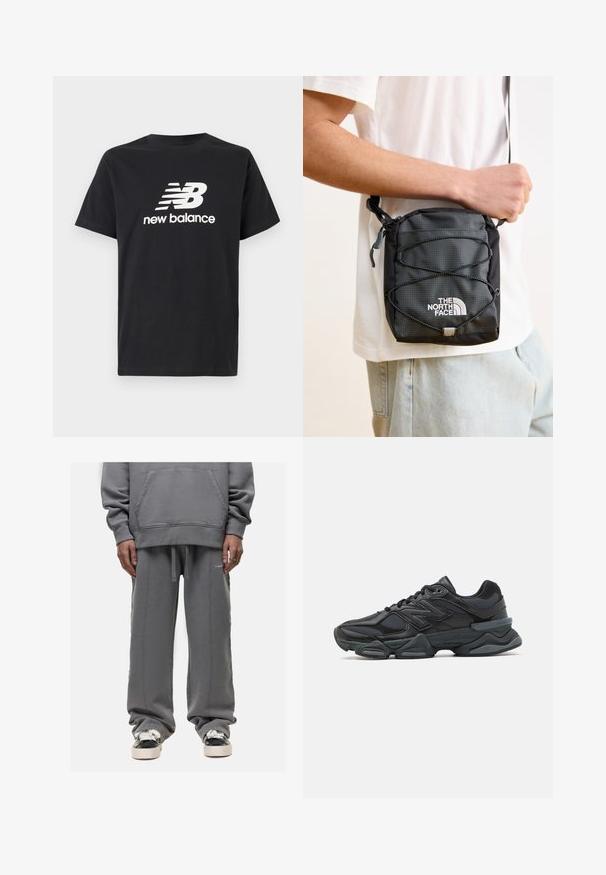 Zwarte katoenen T-shirt met een wit New Balance-logo en grafisch ontwerp op de voorkant. Korte mouwen en een ronde hals.; Grijze sweatshirt met een kangoeroezak en losvallende grijze joggingbroek. Beide hebben een zachte textuur en zichtbare stiksels.; Zwarte hardloopschoen met een mix van mesh en synthetische materialen, een stevige zool, gebogen ontwerp en prominente branding op de zijkant.; Zwarte nylon schoudertas met een gestructureerd oppervlak, verstelbare schouderband en bungee-koord detail. Bevat het "The North Face" logo in het wit.