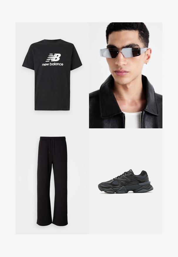 T-shirt in cotone nero con il logo bianco New Balance e un design grafico sul davanti. Maniche corte e collo a giro.; Pantaloni sportivi neri in morbido tessuto, con vita regolabile tramite coulisse, vestibilità ampia e design a gamba dritta. Stile minimalista senza fantasie.; Scarpa da corsa nera con una combinazione di materiali in rete e sintetici, suola spessa, design curvo e marchio ben visibile sul lato.; Occhiali da sole angolari con tonalità grigia e hardware in argento, su uno sfondo chiaro. Le lenti presentano una forma geometrica unica.