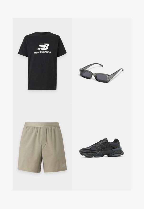 Black cotton T-shirt featuring a white New Balance logo and graphic design on the front. Short sleeves and a crew neck.; Beige athletic shorts with an elastic waistband, a single front pocket, and a logo on the lower right side. Smooth, lightweight fabric.; Black running shoe featuring a mix of mesh and synthetic materials, chunky sole, curved design, and prominent branding on the side.; Rectangular sunglasses with a translucent dark gray frame, dark lenses, and slim arms. Notable logo detail on the frame.